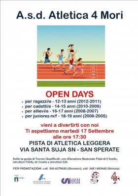 OPEN DAYS RAGAZZI/E, CADETTI/E E ASSOLUTI M/F - Asd Atletica 4 Mori